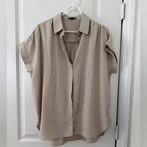 Quince Relaxed Short Sleeve Button-Down Blouse in Beige